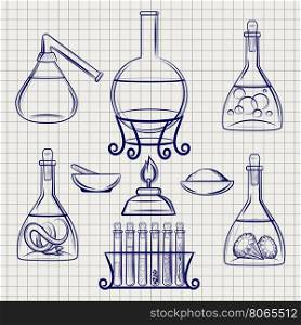 Sketch of science lab equipment. Sketch of science lab equipment vector on notebook backdrop. Vector illustration