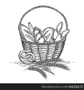 Sketch of wheat bakery basket. Sketch of wheat bakery basket isolated on white background. Vector illustration