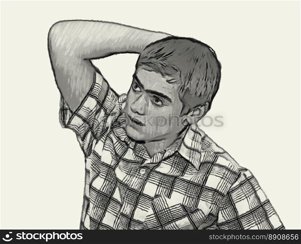 Sketch Teen boy body language expressions - Holding Head Thinking