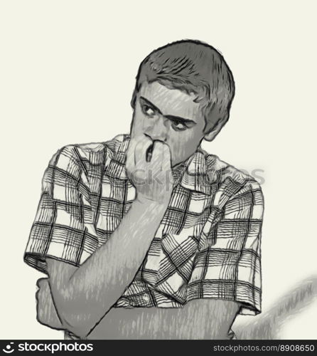 Sketch Teen boy body language expressions - Nervous biting nails