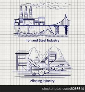 Sketched factory industrial landscape. Sketched factory industrial landscape. Metallurgical and mining production vector