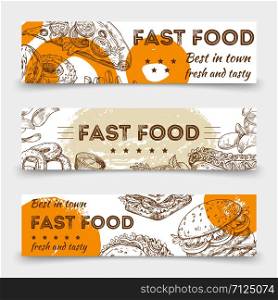 Sketched fast food vector banners template design. Illustration of sketched fast food and snack sketch, hamburger and sandwich. Sketched fast food vector banners template design