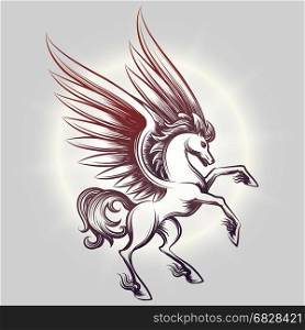 Sketched Pegasus in light round. Sketched Pegasus with wings in light round on grey backdrop. Vector illustration