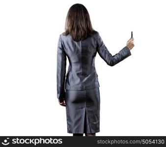 Sketching ideas. Back view of businesswoman standing against white background