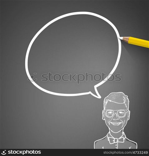 Sketching ideas. Sketch of successful businessman concept with blank bubble speech