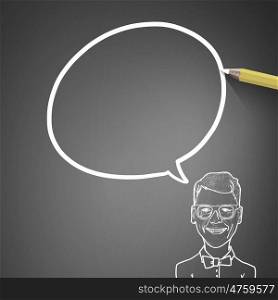 Sketching ideas. Sketch of successful businessman concept with blank bubble speech