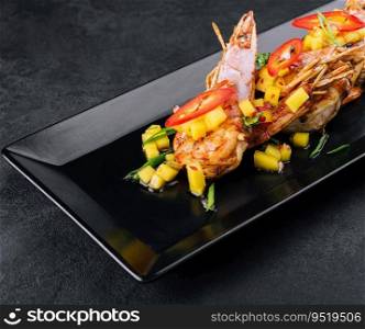 Skewers barbeque grilled prawns on black plate