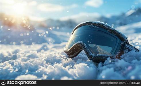 Ski goggles in the snow. Extreme winter sports.
