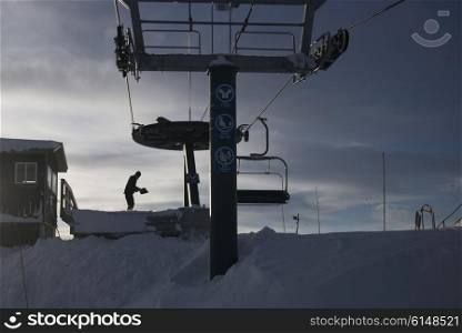 Ski lift platform in ski resort, Kicking Horse Mountain Resort, Golden, British Columbia, Canada
