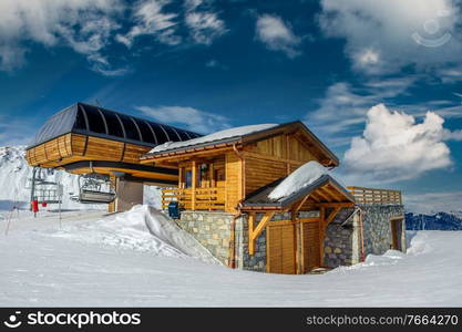 Ski lift station in mountains at winter, Meribel, Alps, France