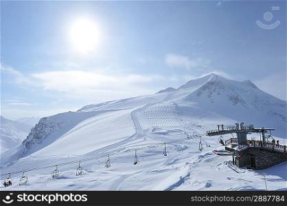 Ski lift station in mountains at winter, Val-d&acute;Isere, Alps, France