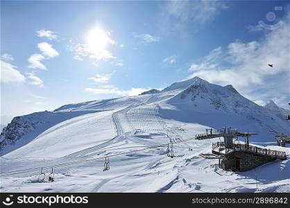 Ski lift station in mountains at winter, Val-d&acute;Isere, Alps, France