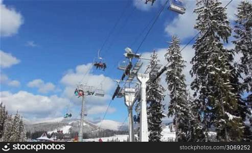ski lifts with skiers are moving over snow-covered Christmas trees, bottom view