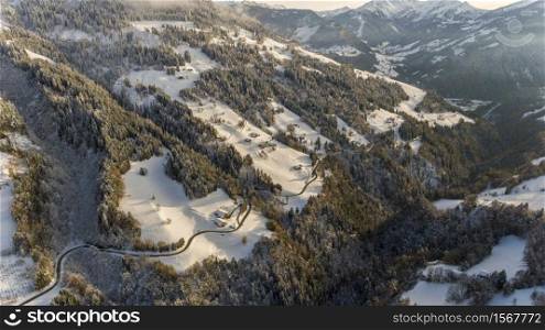 Ski resort and village covered in snow in the Alps