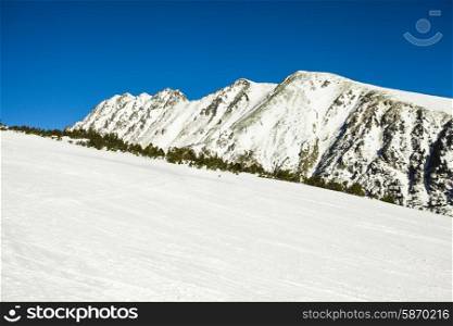 Ski slope in High Tatras mountains. Frosty sunny day