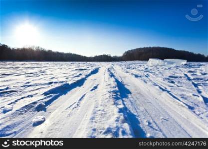 ski track at snow field in cold winter day in Moscow, Russia