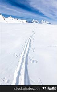 Ski tracks of a backcountry skier on the fresh snow of a large glacier. In background the peaks of Monte Rosa massif - Zermatt, Switzerland, Europe.