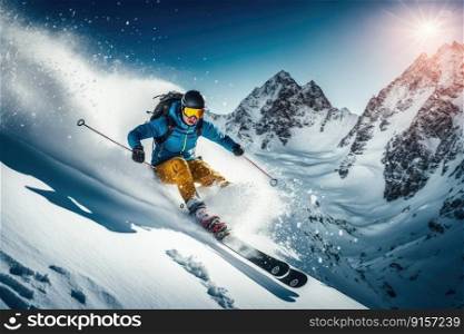 Skier doing tricks on the snow with beautiful illuminated sky. Generative AI
