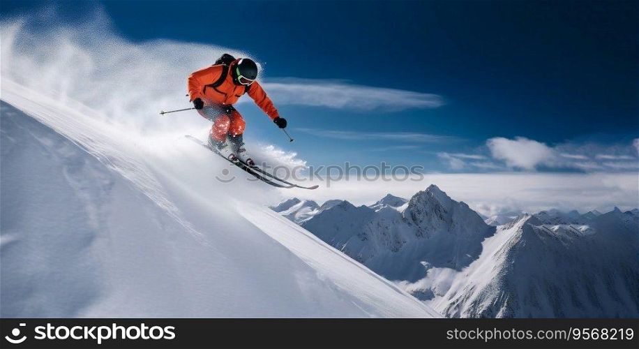 Skier Dropping in the Winter Alps Mountains