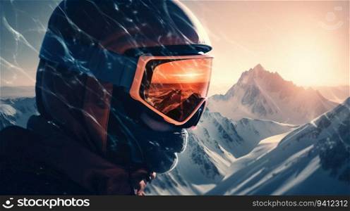 Skier in glasses close-up, background of snow-covered ski peaks of the mountains. Active winter vacation. Header banner mockup with copy space. AI generated.. Skier in glasses close-up, background of snow-covered ski peaks of the mountains. AI generated.