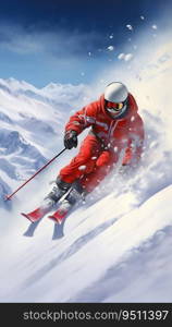 Skier showed a graceful gliding posture on the snow mountain. Generative ai. High quality illustration. Skier showed a graceful gliding posture on the snow mountain. Generative ai