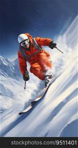 Skier showed a graceful gliding posture on the snow mountain. Generative ai. High quality illustration. Skier showed a graceful gliding posture on the snow mountain. Generative ai