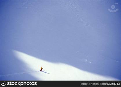 Skier Trekking Across Snowy Plain