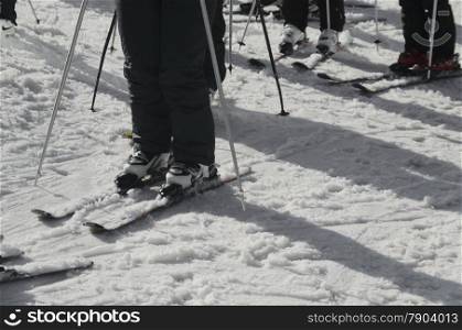 Skier wait turn for slide in whiter, Borovetz resort, Bulgaria