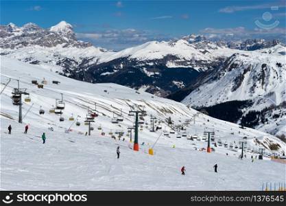 Skiing in the Dolomites at the Pordoi Pass