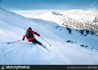 Skiing. Jumping skier. Extreme winter sports.. Flute bowl