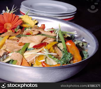Skillet with Vegetables and Gerber Daisies
