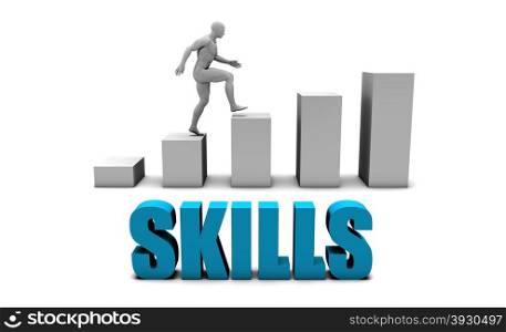 Skills 3D Concept in Blue with Bar Chart Graph. Skills