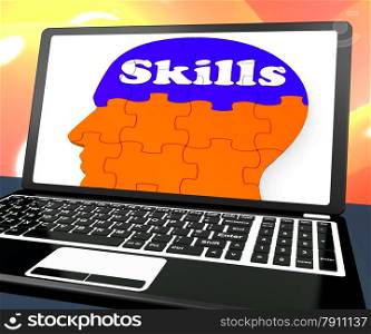 . Skills On Brain On Laptop Showing Human Abilities And Talents