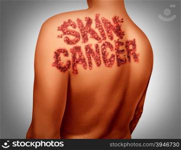 Skin cancer melanoma disease concept as a medical symbol of the human epidermis anatomy being attacked by malignant cancerous dark mole shaped as text on the body.