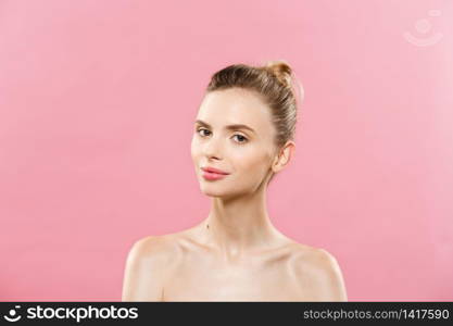 Skin Care Concept - Charming young caucasian woman with perfect makeup photo composition of brunette girl. Isolated on pink background with Copy Space. Skin Care Concept - Charming young caucasian woman with perfect makeup photo composition of brunette girl. Isolated on pink background with Copy Space.