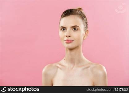 Skin Care Concept - Charming young caucasian woman with perfect makeup photo composition of brunette girl. Isolated on pink background with Copy Space. Skin Care Concept - Charming young caucasian woman with perfect makeup photo composition of brunette girl. Isolated on pink background with Copy Space.