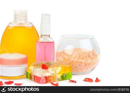 Skin care for the face. Cosmetic cream , micellar water, salt for bath and handmade soap isolated on white background. Free space for text.