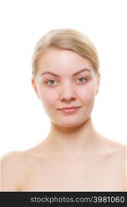 Skin care, health, dermatology, cosmetology concept. Face of healthy, moisturized, natural, beautiful pale woman, studio shot isolated. Natural beautiful woman face without make up