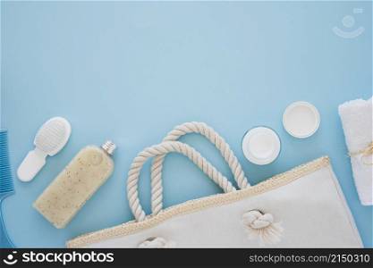 skin care tools blue background