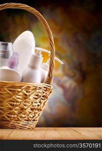 skincare items in wicker basket