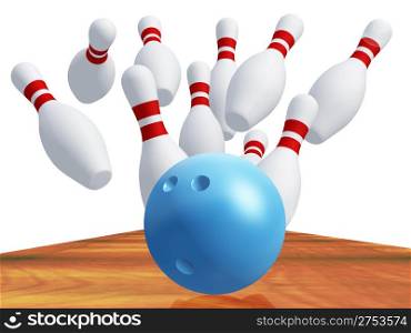 Skittles for game in bowling with blue ball. It is isolated on a white background