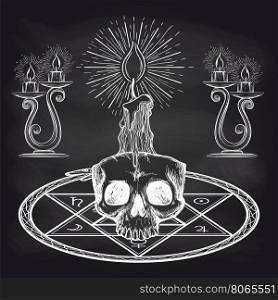 Skull and candles on chalckboard. Skull and candles on chalckboard vector illustration. Occult design chalk sketch