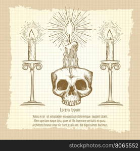 Skull and candles on vintage page. Skull and candles on vintage notebook page. Occult design vector illustration