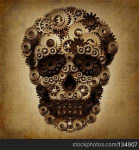 Skull gear grunge as a group of cog wheels shaped as a steampunk or steam punk death skeleton as a vintage technology danger symbol as a 3d illustration.