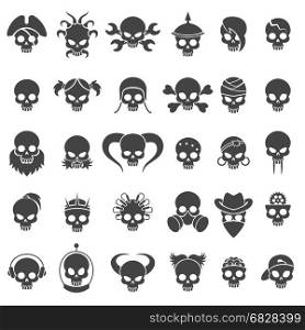 Skull icons set. Skull icons vector set. Skulls signs for bikers tattoo, halloween decor and rocker emblems
