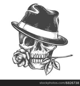 Skull in hat with rose flower. Skull in hat with rose flower in the mouth vector illustration. Vector hand drawn human skulls tatoo isolated on white background