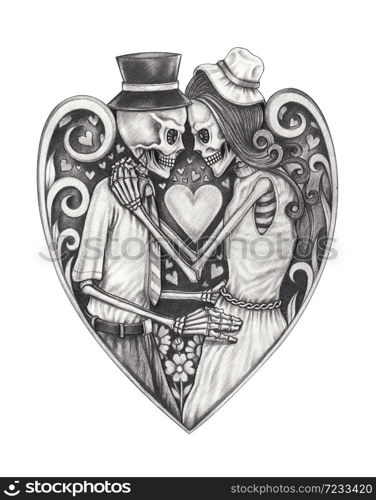 Skull In Love Day of the dead.Hand drawing on paper.