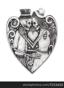 Skull In Love Day of the dead.Hand drawing on paper.