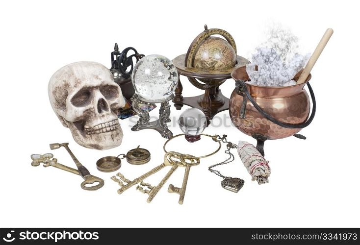 Skull, keys, copper pot, crystal ball and other Witch Desk Items - path included