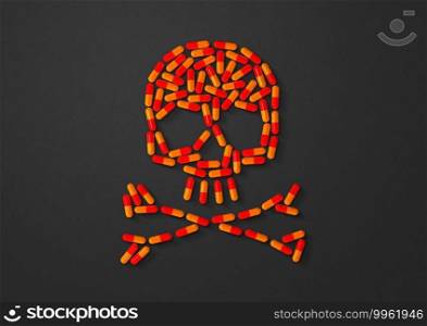 Skull made of orange capsule pills isolated on black background. 3D illustration. Skull made of orange capsule pills. Black background